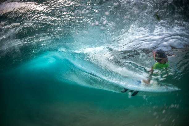 istock Underwater view of a surfer through a large wave 1355904901