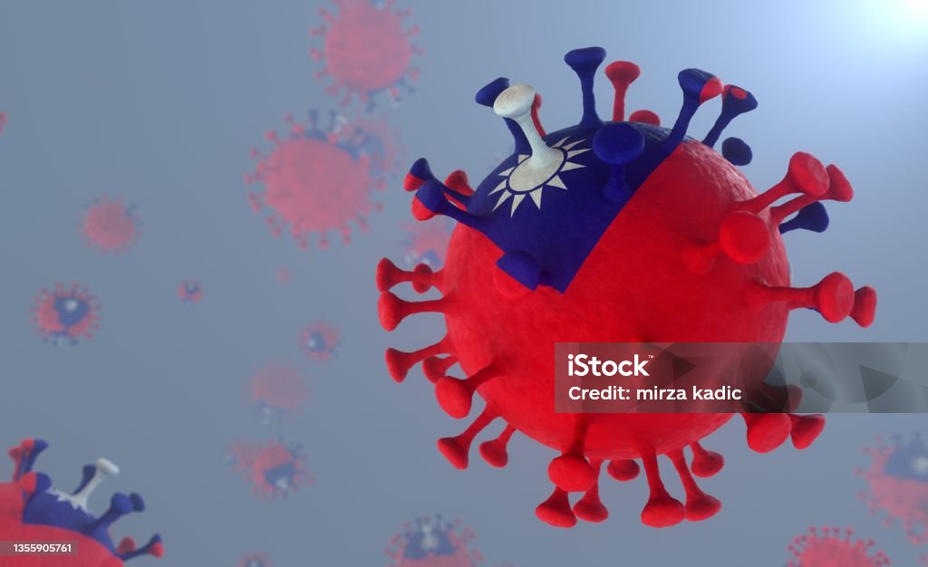 Covid-19 Virus with the Pattern of the Taiwan Flag Corona Virus with the Taiwanese Flag Print Delta Lambda plus Variant 3D Render Taiwan Covid Flag COVID-19 Stock Photo