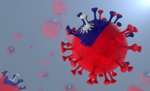Covid-19 Virus with the Pattern of the Taiwan Flag Corona Virus with the Taiwanese Flag Print Delta Lambda plus Variant 3D Render stock photo