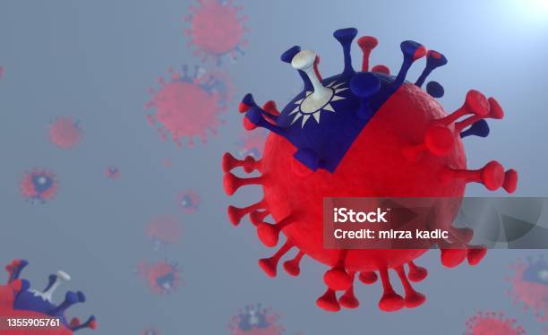 Covid19 Virus With The Pattern Of The Taiwan Flag Corona Virus With The Taiwanese Flag Print Delta Lambda Plus Variant 3d Render Stock Photo - Download Image Now