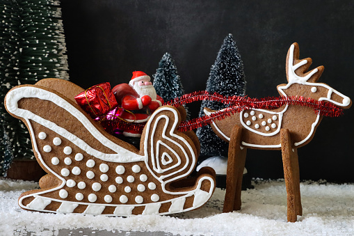 Stock photo showing close-up view of a night-time Christmas forest scene of model fir trees surrounding a homemade, gingerbread cookie reindeer and sleigh, decorated with white royal icing, containing Father Christmas with gifts, against a black background.