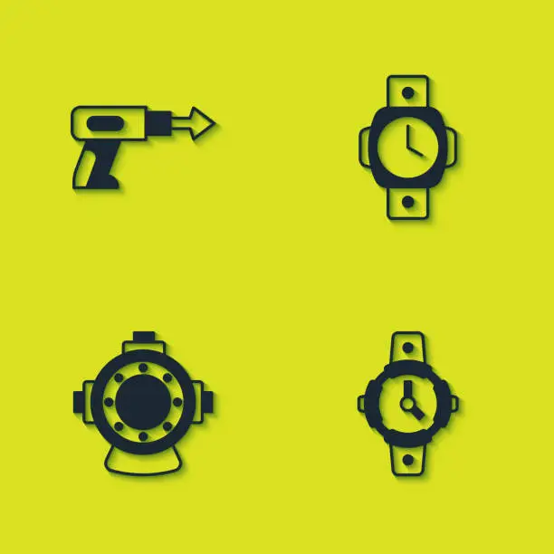 Vector illustration of Set Fishing harpoon, Diving watch, Aqualung and icon. Vector