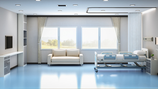 3d rendering hospital interior in recovery or inpatient room with bed and amenities