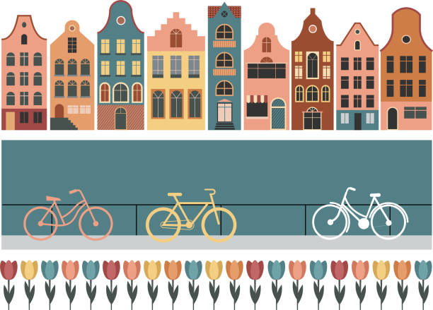 niederlande häuser, amsterdam traditionelle bunte häuser, architektur illustrationen - amsterdam stock-grafiken, -clipart, -cartoons und -symbole