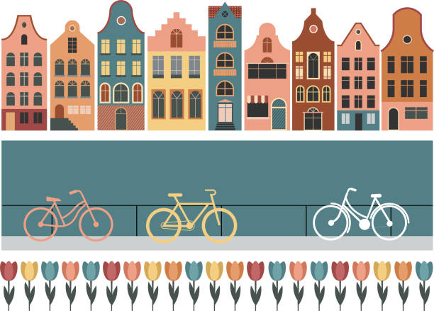 ilustraciones, imágenes clip art, dibujos animados e iconos de stock de casas de los países bajos, casas coloridas tradicionales de ámsterdam, ilustraciones de arquitectura - amsterdam