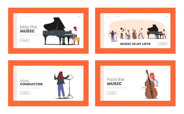 Vector illustration of Children in Music School Landing Page Template Set. Kids Perform on Philharmonic Stage. Students with Instruments