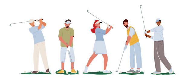 ilustrações de stock, clip art, desenhos animados e ícones de set of men and women in sport uniform holding golf club in hand on playing course isolated on white background - golf swing golf golf club golf ball