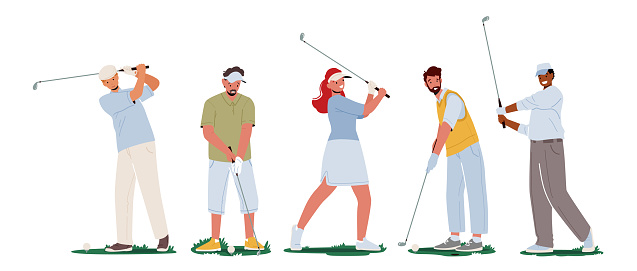 Set of Men and Women in Sport Uniform Holding Golf Club in Hand on Playing Course Isolated on White Background. Summer Time Leisure, Sport Training or Competition. Cartoon People Vector Illustration.
