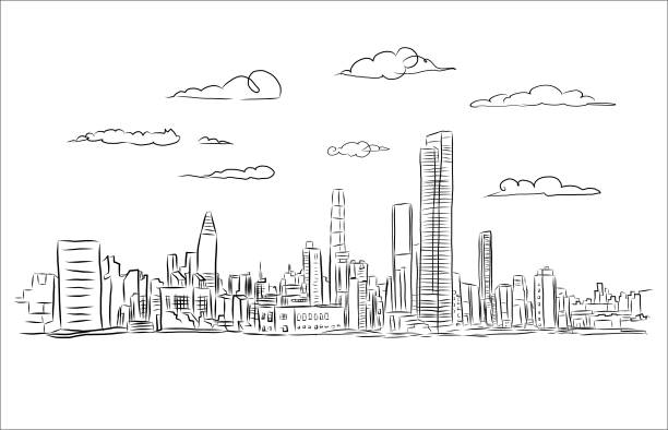 city background city background sky clouds no color outline futuristic architecture illustrations stock illustrations