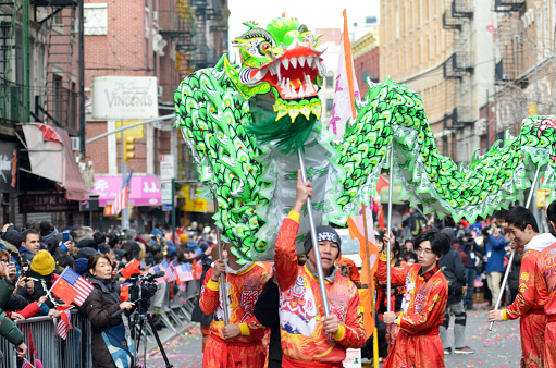Marchers are doing dragon dance at the annual Chinese Day Parade at Manhattan's Chinatown in New York City on Feb 09, 2020.