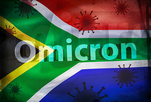 3D-Illustration of a South Africa flag with corona virus vaiant B.1.1.529 Omicron on it