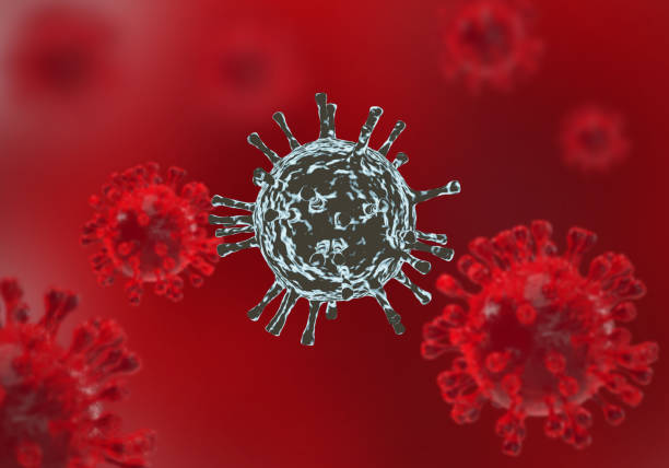 istock Microscopic view of covid-19 omicron variant on red background 1355920434