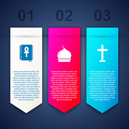 Set Cross ankh book, Muslim Mosque and Christian cross. Business infographic template. Vector.