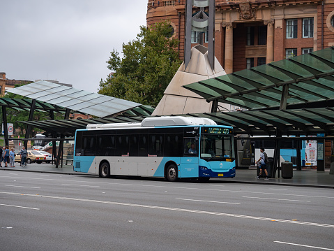 Sydney NSW Australia - January 25th 2020 - Public Transport Blue Bus Stopped at Central Station Bus Terminal on a Hazy Summer Afternoon