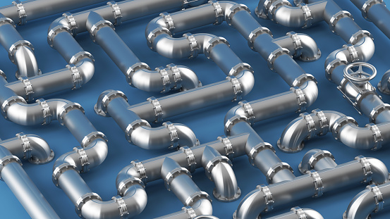 Metal pipes, wallpaper. 3d visualization. Lots of pipes bolted together at all angles.