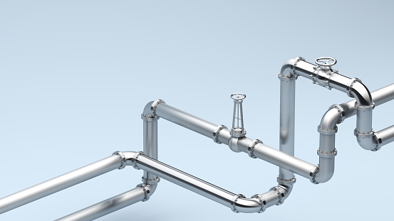 Steel tubes concept, 3D rendering. Steel pipes with a valve for gas and oil.