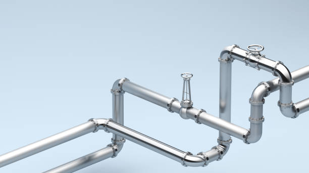 стальные трубы с клапаном для газа и масла. концепция стальных труб, 3d-рендеринг. - tube pipeline metal steel стоковые фото и изображения