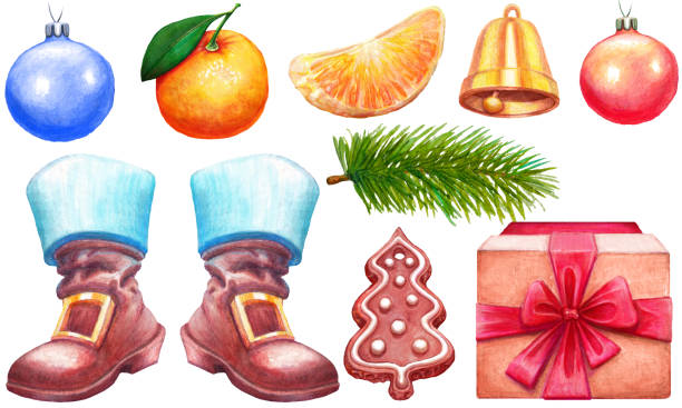 ilustrações de stock, clip art, desenhos animados e ícones de christmas watercolor illustration set gift box, santa boots, xmas ball, golden bell, gingerbread and christmas fir tree - gift orange green package