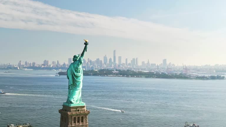 Statue of Liberty, Aerial Manhattan view downtown New York city. Drone NYC