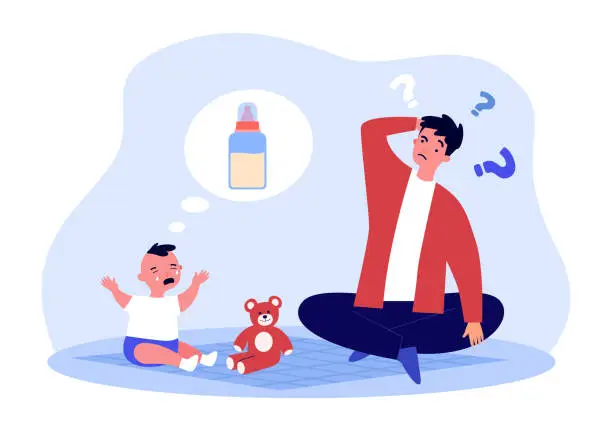 Vector illustration of Crying baby sitting with father who doesnt know what to do