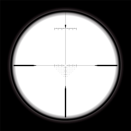 Sniper optical instrument. Sniper scope with A wind gauge on top and A bullet trajectory dot scale under the center crosshair. Vector illustration