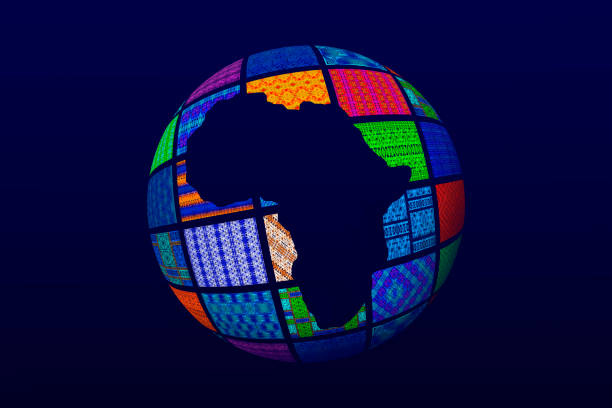 아프리카 직물의 세계 (아프리카지도), 일러스트 레이션, 네이비 블루 배경 - senegal stock illustrations