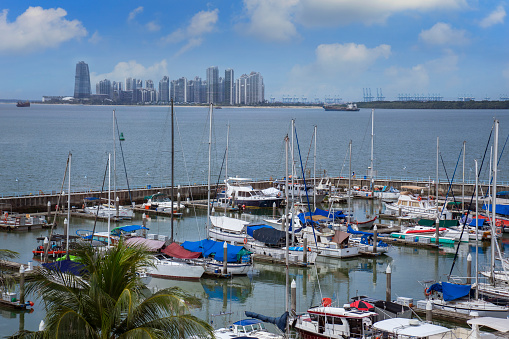 Vessels moored at Raffles Marina in Singapore, with apartment blocks that form the Forest City township in Johor Bahru, Malaysia in the background.