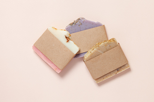 Aromatic Natural Soap. Different Handmade soap bars  on table. No plastic concept. Top view