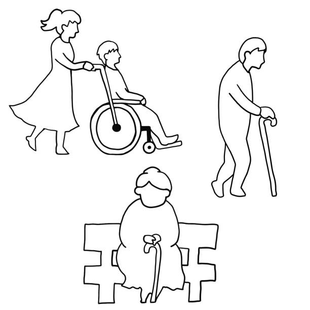 strichzeichnung von senioren - senior citizen woman stock-grafiken, -clipart, -cartoons und -symbole