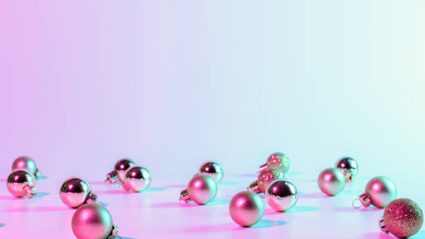 istock Christmas balls pattern neon background. Xmas bauble on abstract holiday winter gradient backdrop. Happy new year copy space. 1355945582