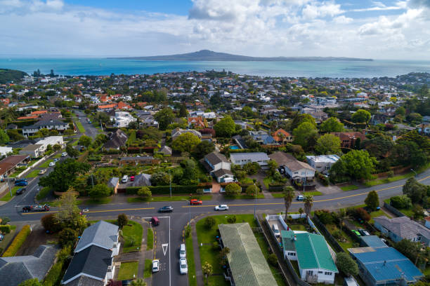 Aerial view of a neighbourhood in Auckland, New Zealand Aerial view of a neighbourhood in Auckland, New Zealand Waitemata Harbor stock pictures, royalty-free photos & images