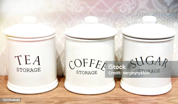 Porcelain White Jars For Tea Sugar And Coffee Stock Photo - Download Image Now - Canister, Roasted Coffee Bean, Backgrounds