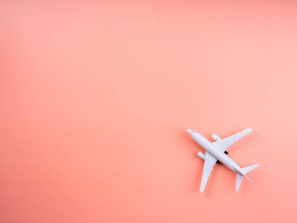 istock Plane model on pastel pink color background with copy space, top view, minimal style. White airplane, flat lay design. Flight, travel concept. 1355949836