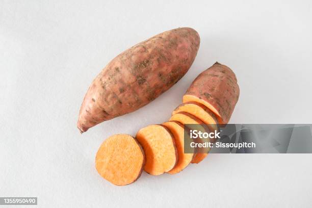 Closeup Of Sweet Potatoes Stock Photo - Download Image Now - Sweet Potato, Directly Above, White Background