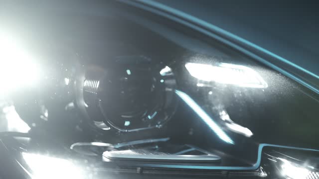 Stylish matrix headlights shine brightly. Close-up