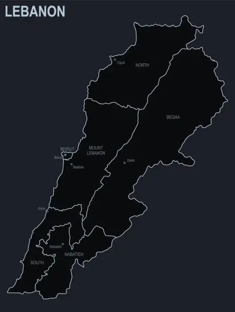 Vector illustration of Flat map of Lebanon with cities and regions on a black background