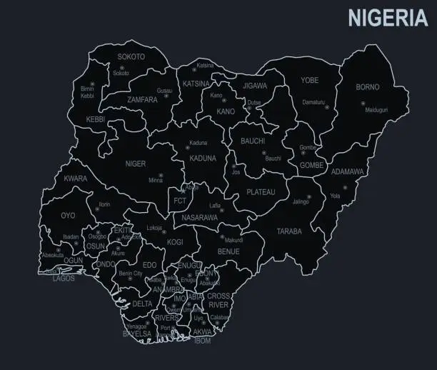 Vector illustration of Flat map of Nigeria with cities and regions on a black background
