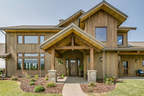 istock Exquisite custom home with natural wood siding 1355952638