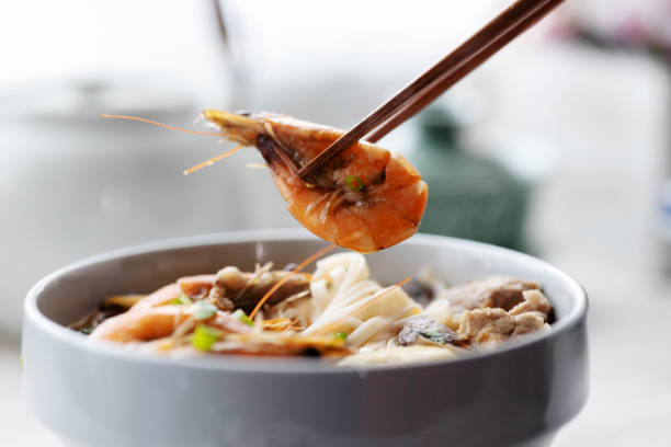 Chinese homemade noodles, cooked with shrimp and broth