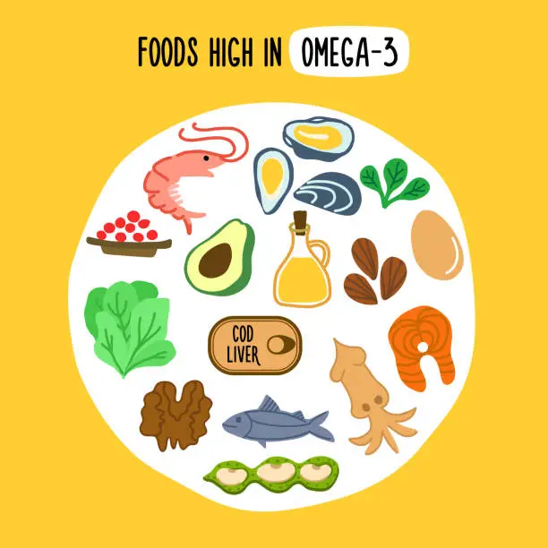 Vector illustration of Foods High in OMEGA 3.