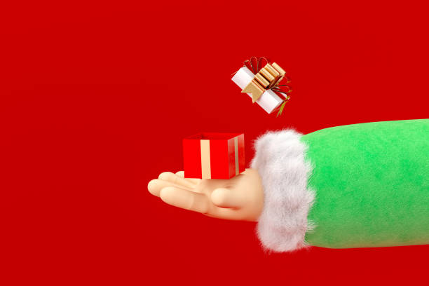 istock Cartoon hand holding red open gift box. Winter Christmas background. 1355961799
