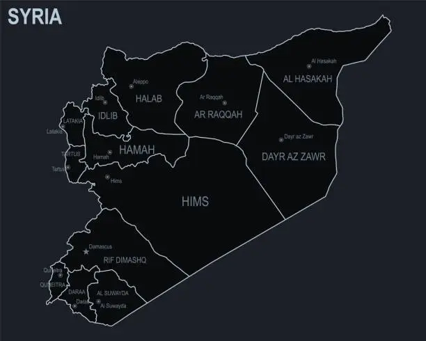 Vector illustration of Flat map of Syria with cities and regions on a black background