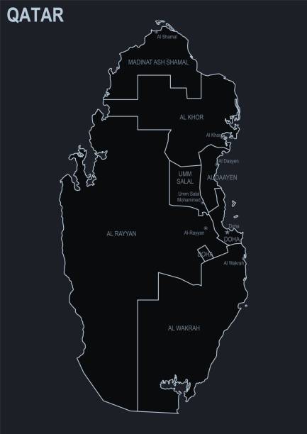 Flat map of Qatar with cities and regions on a black background Flat map of Qatar with cities and regions on a black background qatar map stock illustrations