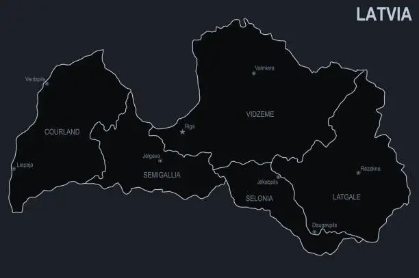 Vector illustration of Flat map of Latvia with cities and regions on a black background