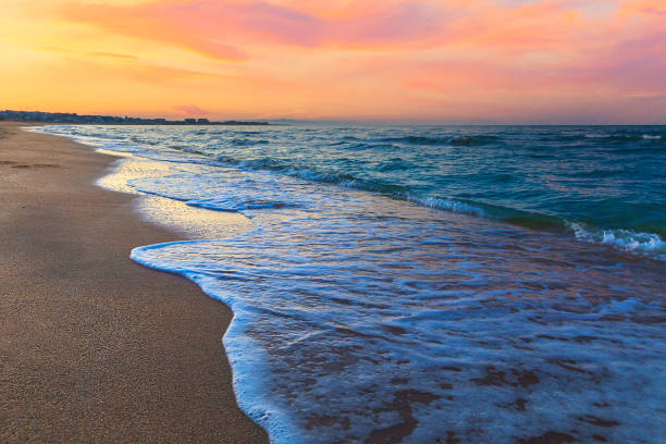 Coast of the Caspian Sea at sunset..
