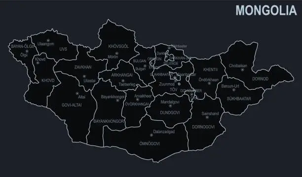 Vector illustration of Flat map of Mongolia with cities and regions on a black background