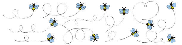 illustrazioni stock, clip art, cartoni animati e icone di tendenza di cartoon bee flying on dotted route e heart shaped dotted route - linea tratteggiata