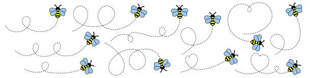 Cartoon Bee Flying on Dotted Route and Heart Shaped Dotted Route Cartoon Bee Flying on Dotted Route and Heart Shaped Dotted Route dotted line stock illustrations