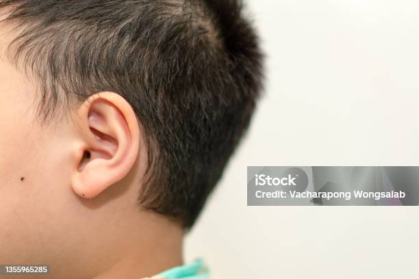 Child Ear Side View See Pinna And Hold Show Hearing And Medicine Examination With Copy Space Stock Photo - Download Image Now