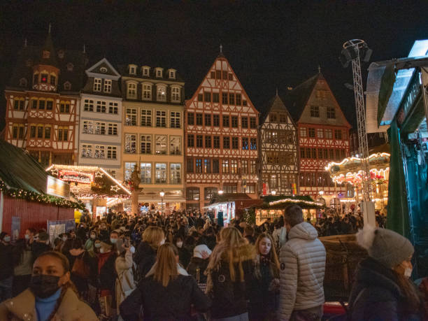Christmas Market Frankfurt 2021 Covid Pandemic Weihnachtsmarkt in Germany during corona - one of the only markets that were not canceled christmas market photos stock pictures, royalty-free photos & images